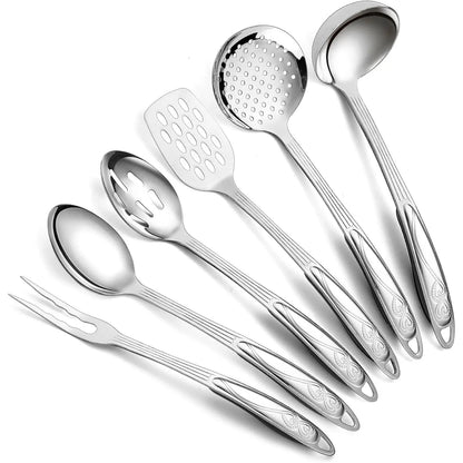 Stainless Steel Kitchen Utensils Set 6 Count, Cooking Utensil Sets, Kitchen Gadgets Essentials Include Metal Spatula Set, Skimmer, Ladle, Serving Spoon, Slotted Spoon, Carving Fork