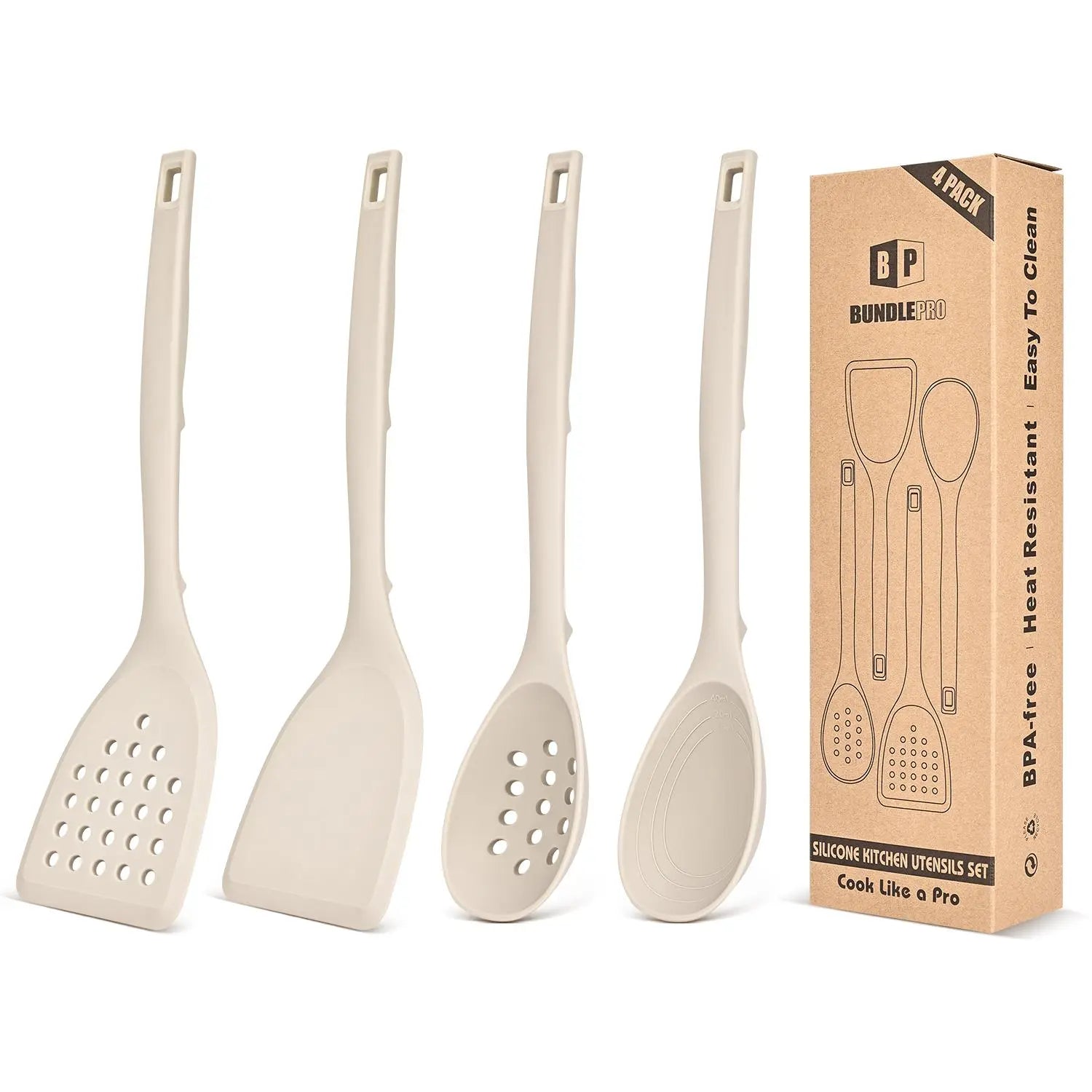 Pack of 4 Silicone Cooking Utensils Set, Non Stick Solid Spatulas and Heat Resistant Slotted Spoons with Back Hooks, Ideal BPA Free Kitchen Utensils Set for Frying,Serving,Turning,Stirring