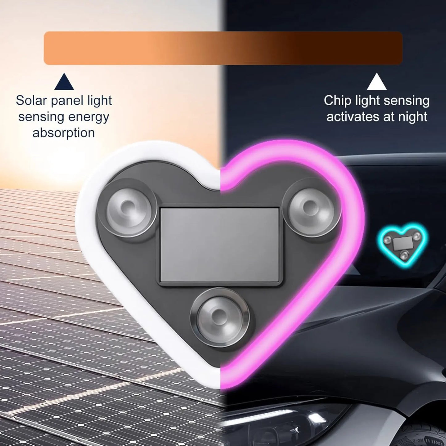 Car LED Ambient Light-Solar-Powered Heart-Shaped LED Neon Light, Solar-Powered Heart-Shaped Atmosphere Light with 3 Modes,Lp65Waterproof, for Romantic Car Interior Andoutdoor Decor