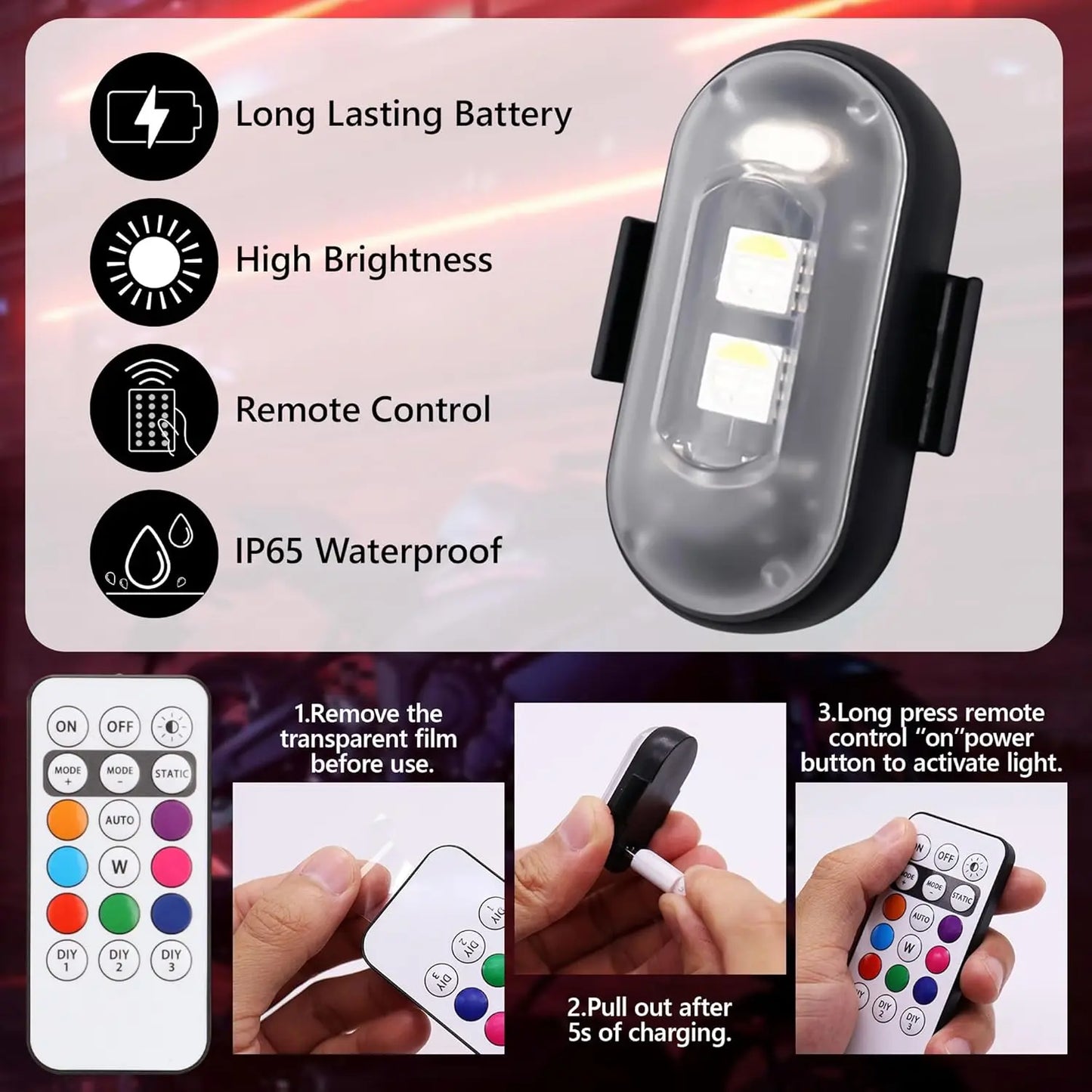Wireless LED Lights with Remote Control Waterproof Rechargeable Anti-Collision USB Charging Lights for Car Bike Motorcycle Camping