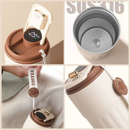 Temperature Display Insulated Mug, Portable Coffee Vacuum Insulated Bottle with Strap, Sports Water Bottle, Gym Accessories, Drinkware Cup, Valentine'S Day Gift