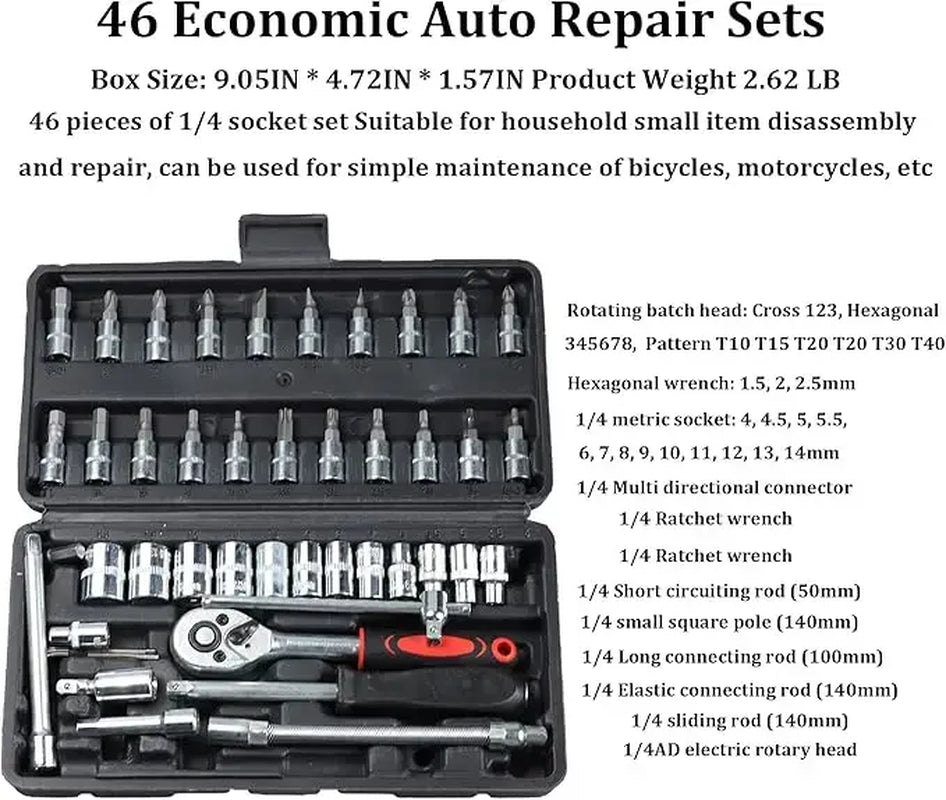 【Summervibes】46 Pieces Socket Set with Bit Socket Set Metric and Extension Bar for Car Bicycle Motorcycle Repair and Home Use with Storage Case Tool Kit