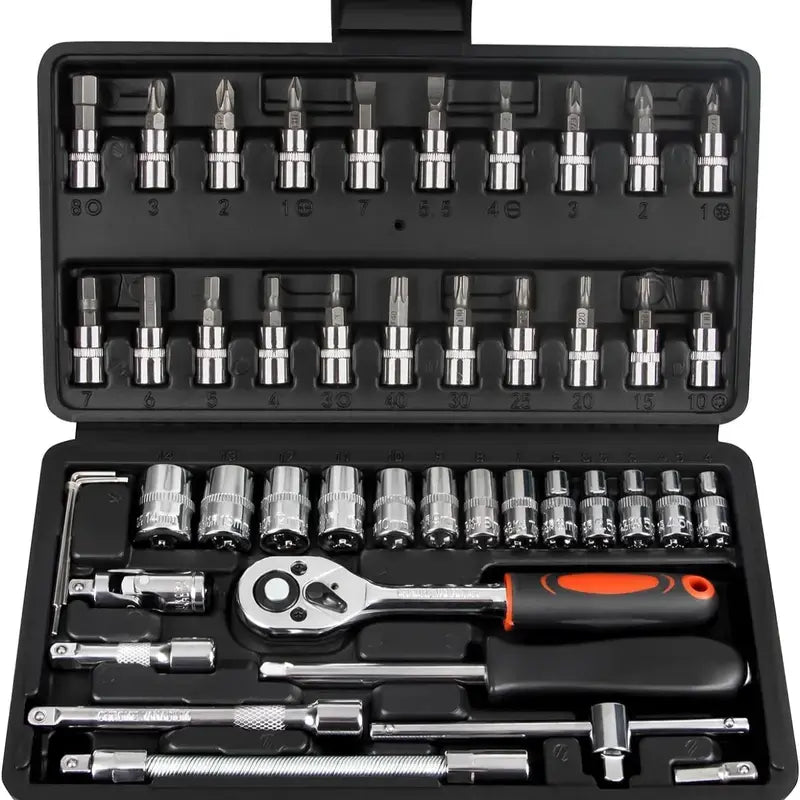 【Summervibes】46 Pieces Socket Set with Bit Socket Set Metric and Extension Bar for Car Bicycle Motorcycle Repair and Home Use with Storage Case Tool Kit