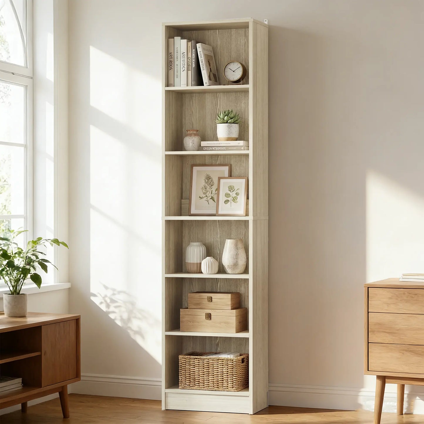 #Summervibes 6-Tier Narrow Display Bookcase with 2 Adjustable Shelves，80"H Tall Modern Storage Cabinet Etagere Bookshelf for Collectibles, Living Room, Office