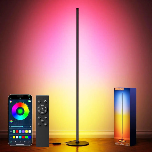 Luckystyle Smart RGB+IC Corner Floor Lamp,Bright LED Tall Modern Floor Lamp with APP and Remote,Ambient Lighting Color Changing Standing Lamps with Music Mode and Timing for Living Room,Bedroom,Party Summervibes