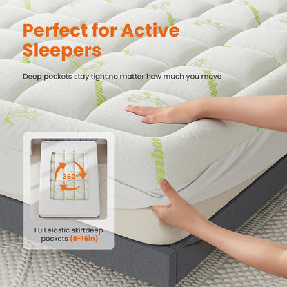 Mattress Topper Viscose Made from Bamboo Sheets Mattress Protector for Back Pain Relief Cooling for Hot Sleeping Poor Sleeper Green