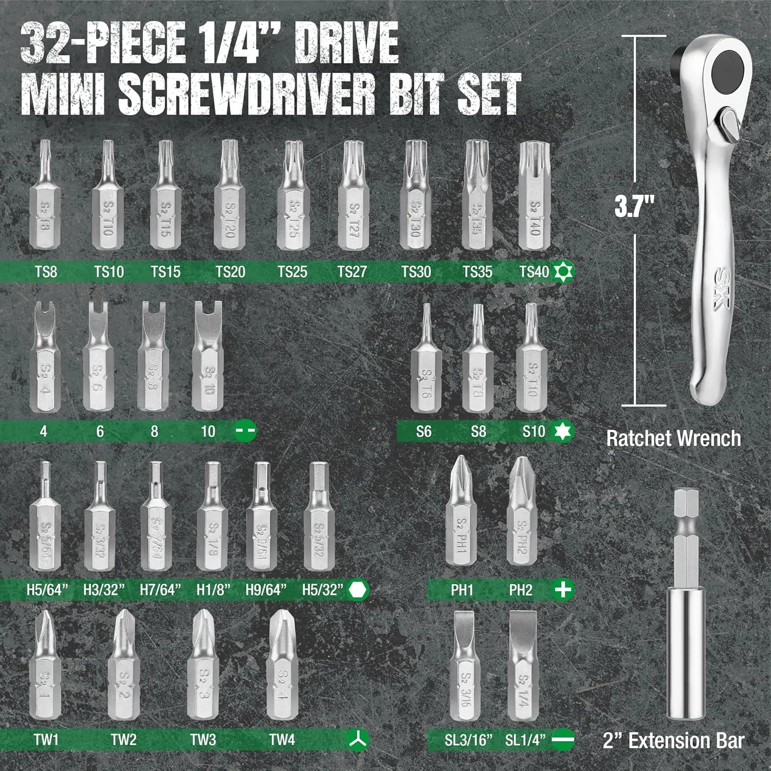 1/4" Drive, 32 Piece Mini Ratcheting Bit Set, #SK03449