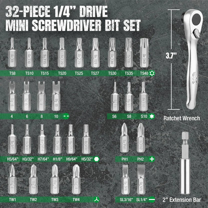 1/4" Drive, 32 Piece Mini Ratcheting Bit Set, #SK03449
