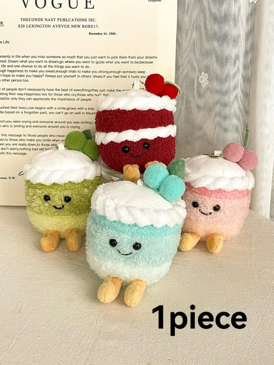 Cute Cake Design Fuzzy Plush Keychain for Bags, Soft Puffy Keychain, Colorful Gradient Plush Charm, Sweet & Colorful Bag Charm Accessory, Fun Gift for Women & Girls, Keychain Kawaii