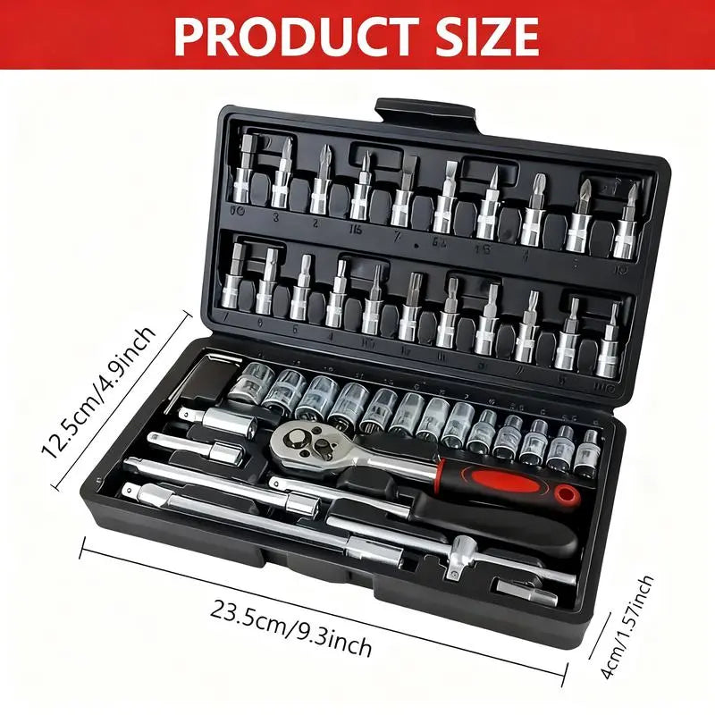 Box Hardware 46Pcs 1/4 Inch Drive Socket Ratchet Wrench Set with Bit Socket Set Metric & Extension Bar for Auto Repairing Household Gift for Man Husband