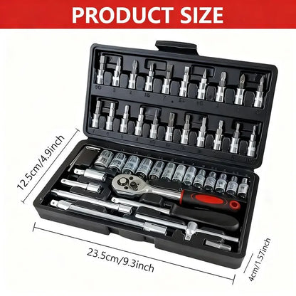 Box Hardware 46Pcs 1/4 Inch Drive Socket Ratchet Wrench Set with Bit Socket Set Metric & Extension Bar for Auto Repairing Household Gift for Man Husband