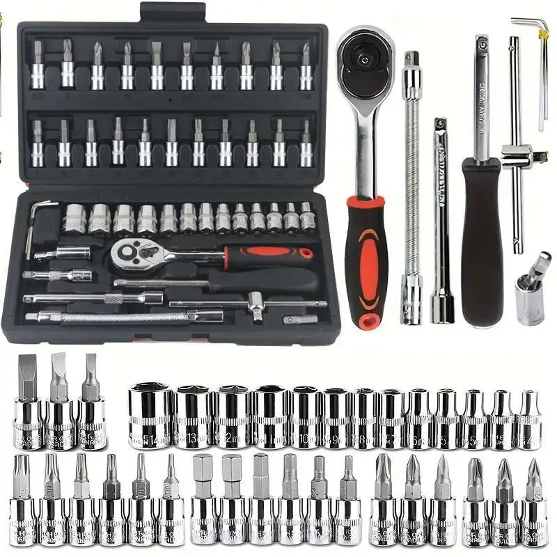 【Summervibes】46 Pieces Socket Set with Bit Socket Set Metric and Extension Bar for Car Bicycle Motorcycle Repair and Home Use with Storage Case Tool Kit
