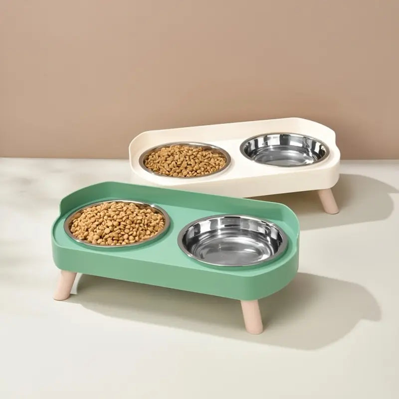 Stainless Steel Dual-Bowl Pet Feeding Bowl, Dry Food, Neck Protection, Anti-Splash, Non-Tip, Non-Slip, Universal for Cats and Dogs