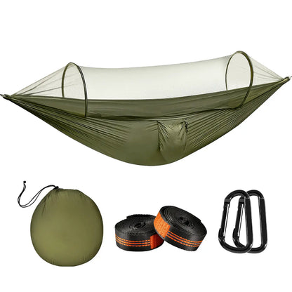 Camping Hammock with Mosquito Net, Automatic Quick-Open Outdoor Hammock for Camping and Picnicking, Portable Hammock with Straps, Attached Carry Bag