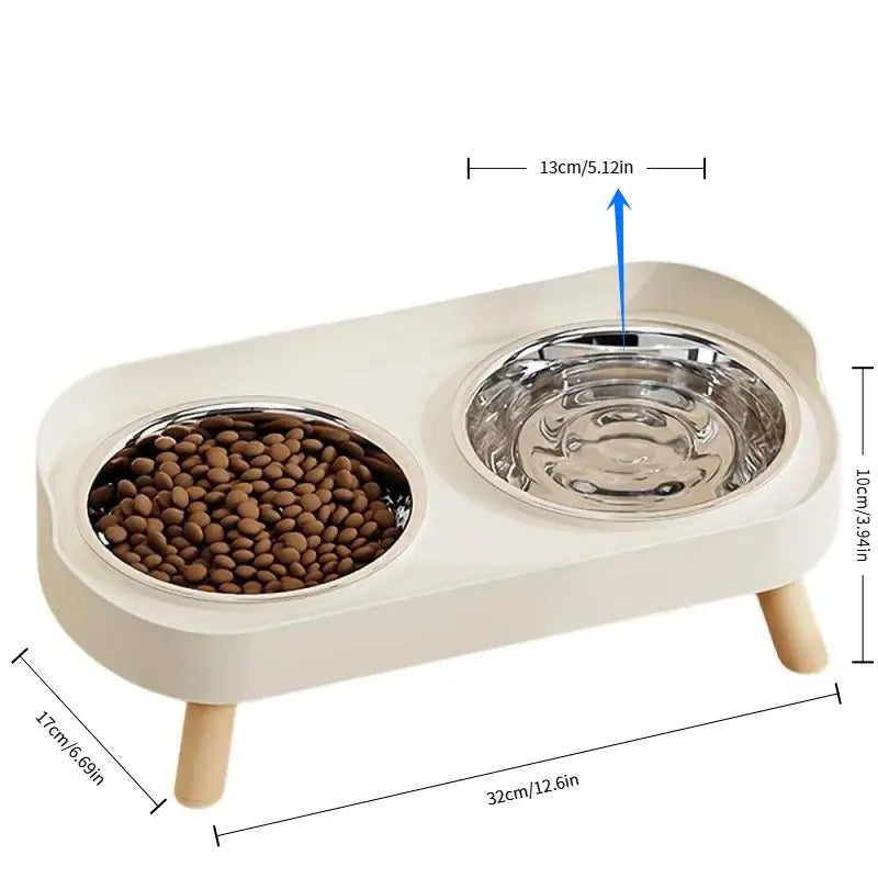 Stainless Steel Dual-Bowl Pet Feeding Bowl, Dry Food, Neck Protection, Anti-Splash, Non-Tip, Non-Slip, Universal for Cats and Dogs