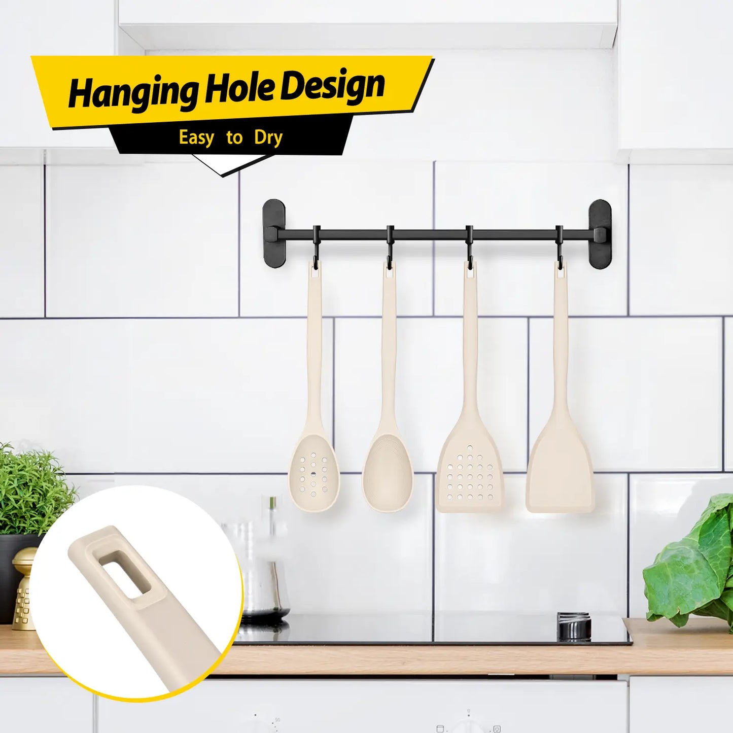 Pack of 4 Silicone Cooking Utensils Set, Non Stick Solid Spatulas and Heat Resistant Slotted Spoons with Back Hooks, Ideal BPA Free Kitchen Utensils Set for Frying,Serving,Turning,Stirring