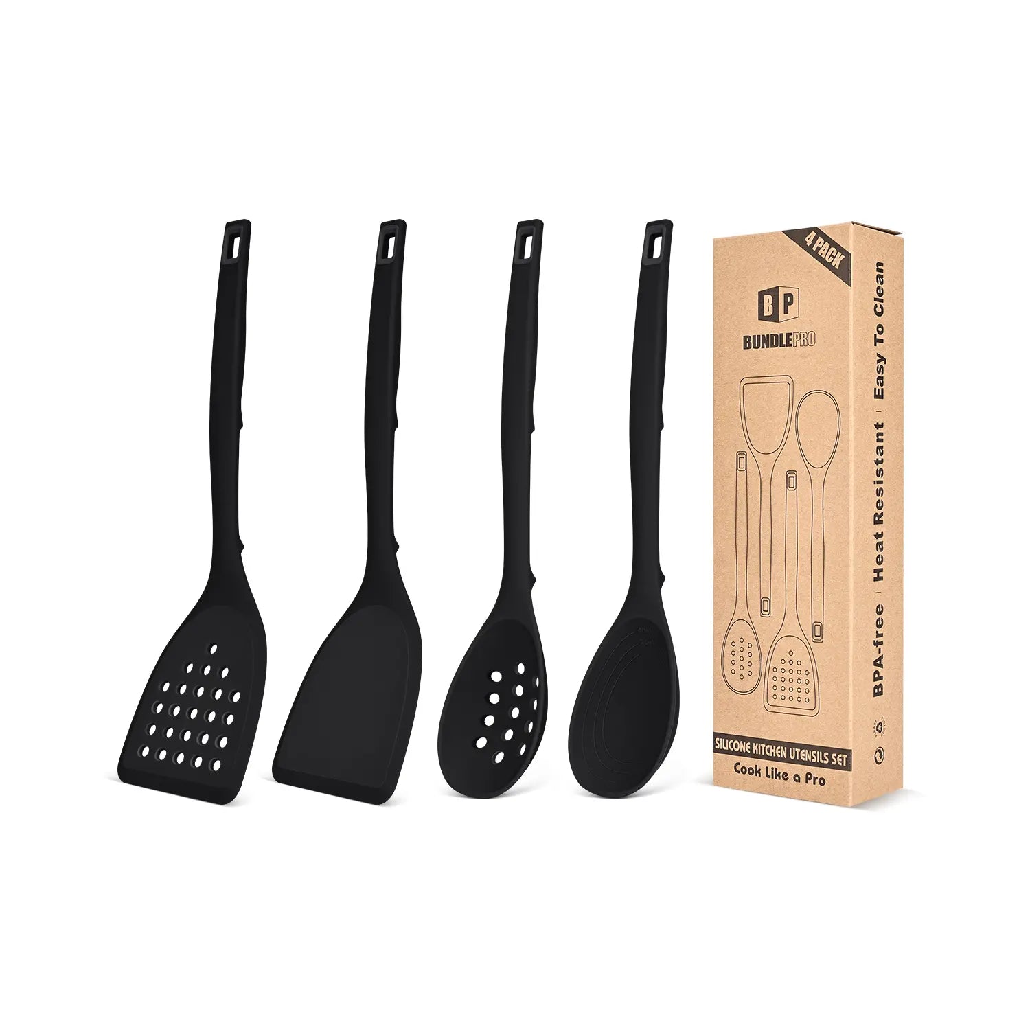 Pack of 4 Silicone Cooking Utensils Set, Non Stick Solid Spatulas and Heat Resistant Slotted Spoons with Back Hooks, Ideal BPA Free Kitchen Utensils Set for Frying,Serving,Turning,Stirring