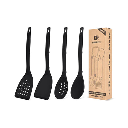 Pack of 4 Silicone Cooking Utensils Set, Non Stick Solid Spatulas and Heat Resistant Slotted Spoons with Back Hooks, Ideal BPA Free Kitchen Utensils Set for Frying,Serving,Turning,Stirring